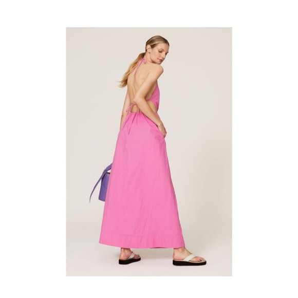 Straud Apfel Long Halter Dress Pink Cotton Open Back w/ Ties Full Skirt SZ  L - Picture 2 of 16